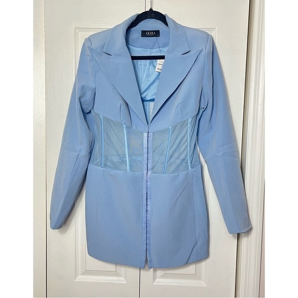Akira Light Blue Corset Sheer Mesh Panel Blazer Mini Dress Plunge Neck Size XL - Picture 5 of 6
